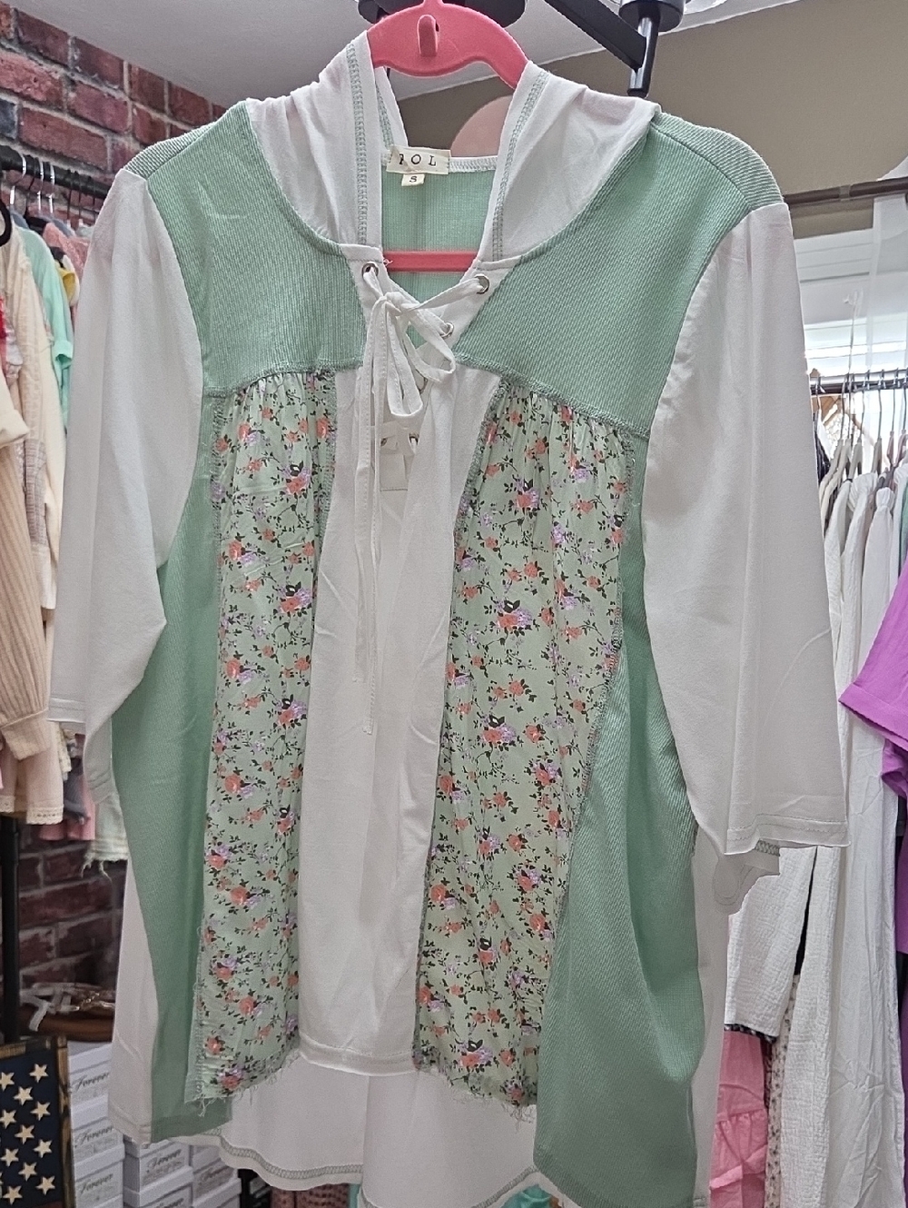 Floral Lace-Up Hooded Tunic - Top Mint and White